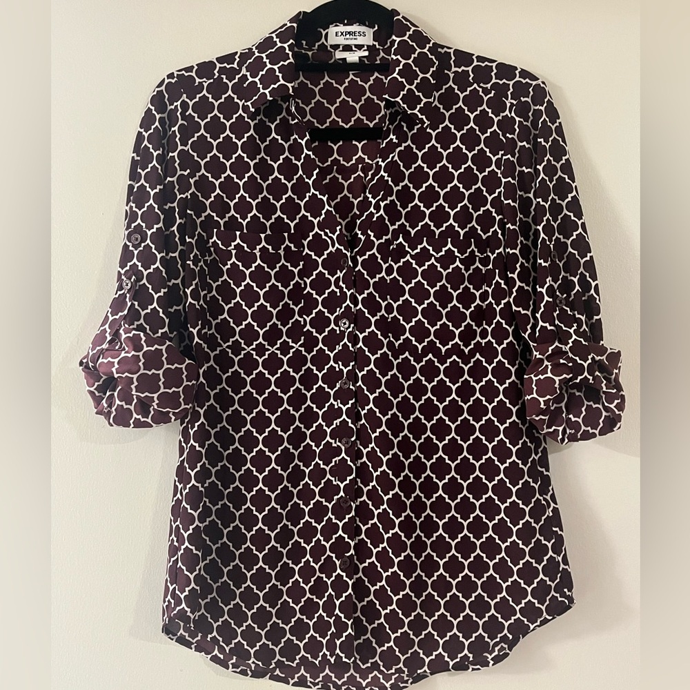 Express Women's Burgundy Patterned Top - Size SP